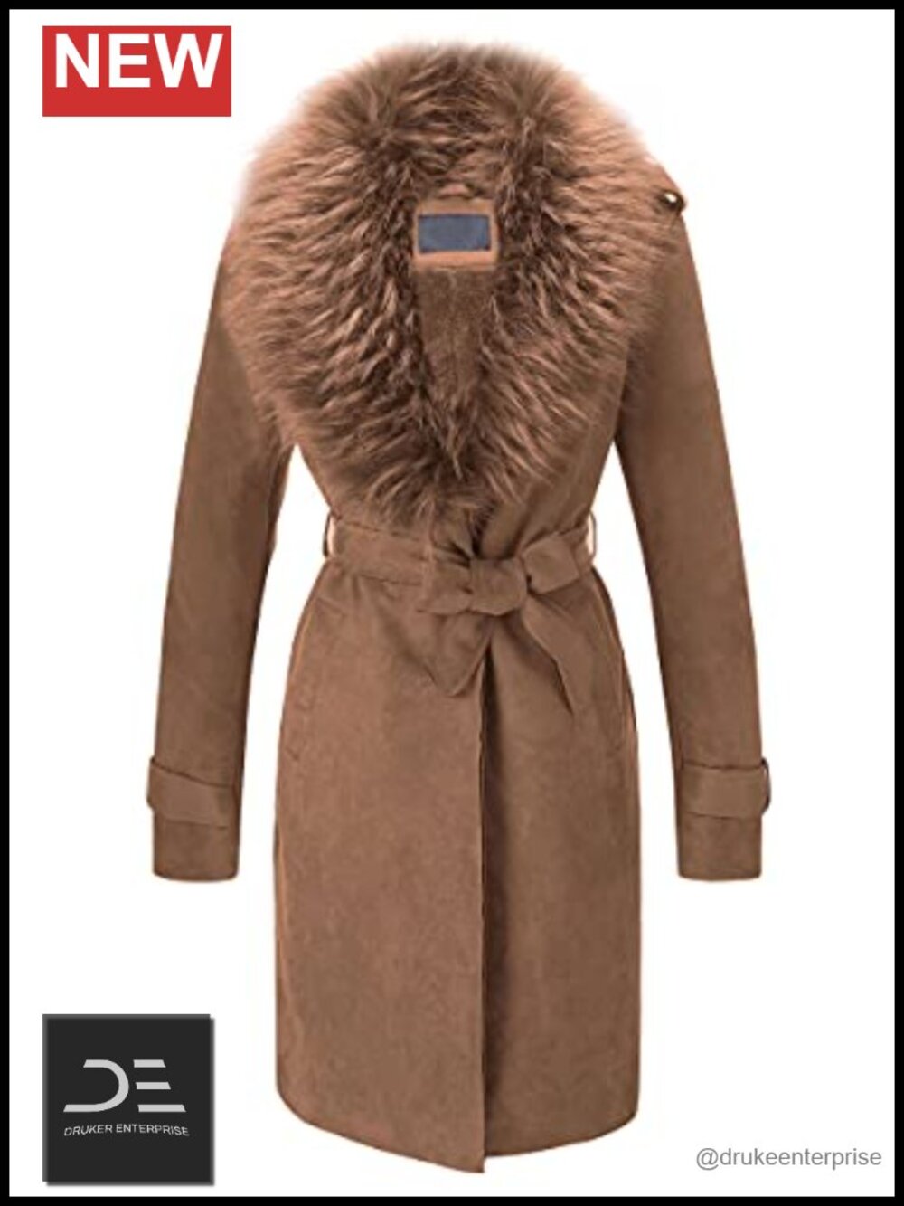 Faux Suede Leather Fleece Lined Trench Coat Belted Fur Collar Winter